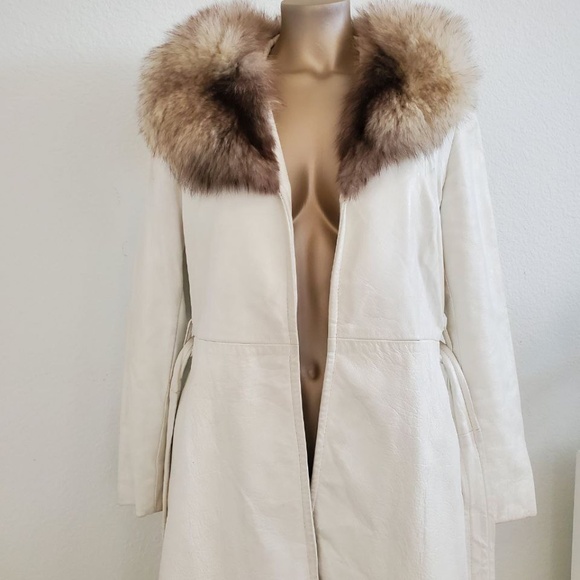 Jackets & Blazers - Long leather white coat with genuine fur collar